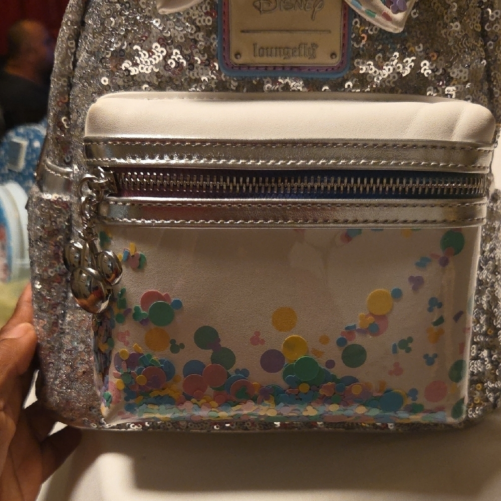 Loungefly Silver Sequin Backpack with Colorful Bow - Picture 5 of 12